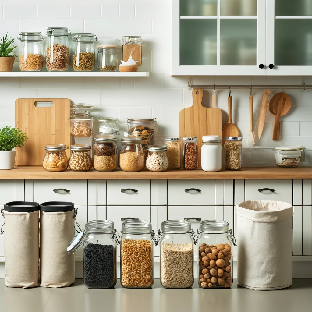 DALL·E 2024-04-24 09.26.03 - A clean and orderly kitchen scene illustrating zero-waste living. The kitchen features clear glass jars filled with various bulk foods like grains and