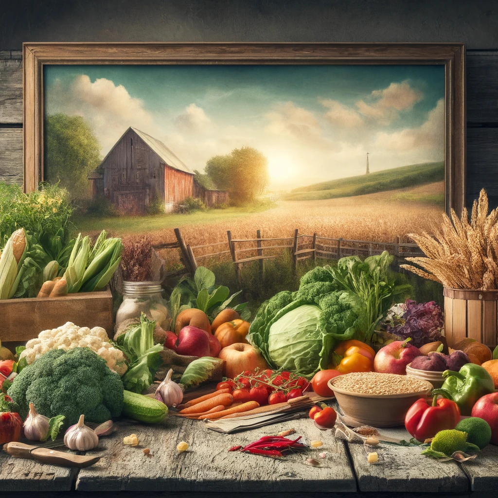 DALL·E 2024-04-24 09.35.31 - A farm-to-table concept image featuring a variety of fresh, organic produce displayed on a rustic table, with a scenic farm background. The setting sh