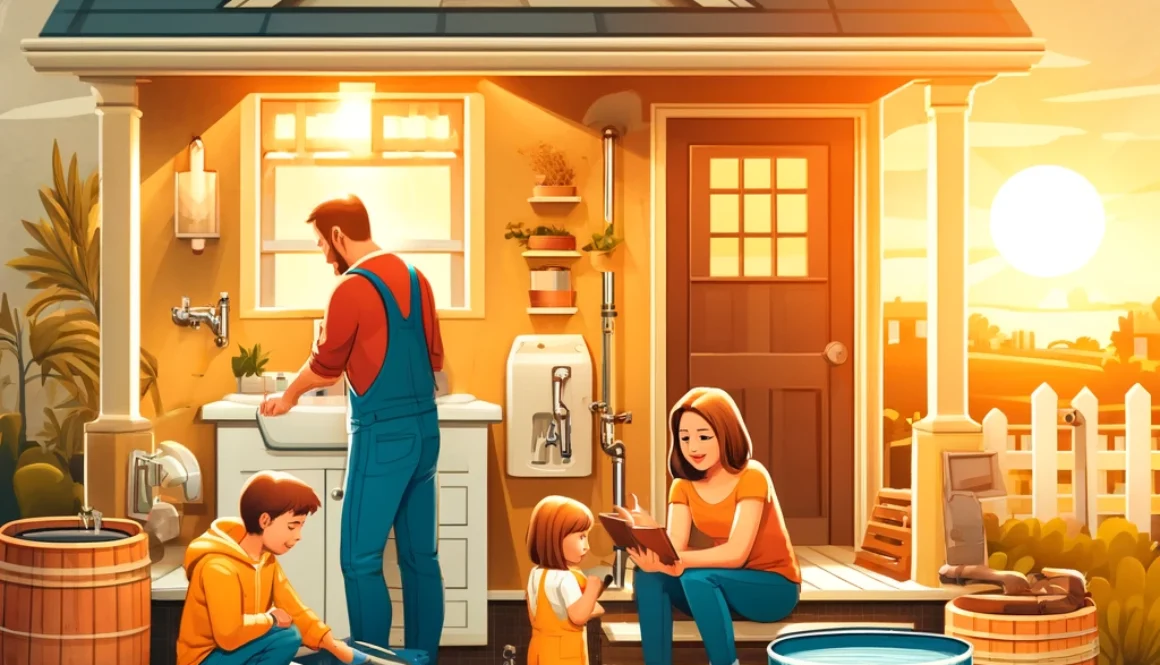 DALL·E 2024-04-24 13.55.42 - A family engaging in various water conservation practices at home. Depict a family fixing a leak under a sink, installing water-efficient fixtures lik