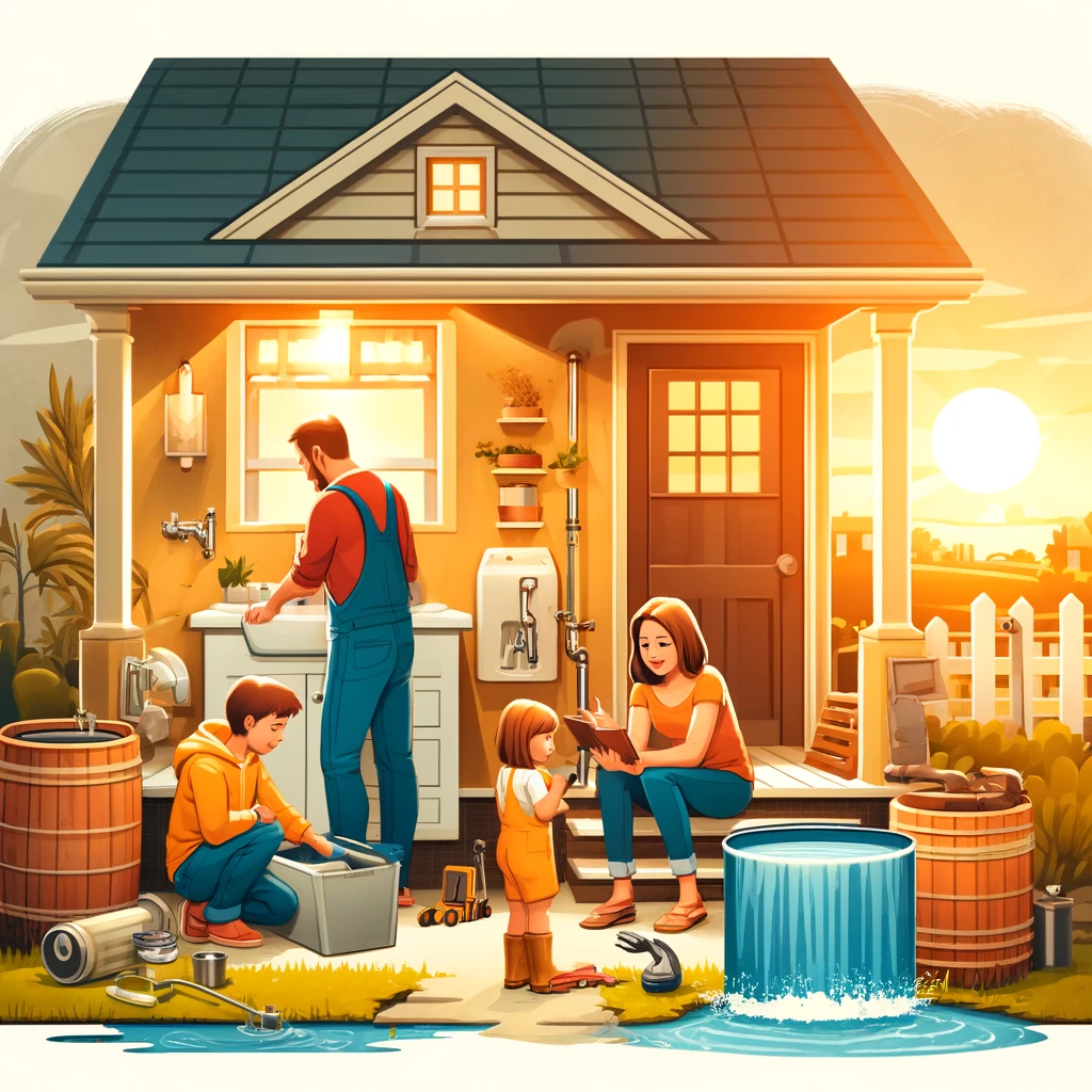 DALL·E 2024-04-24 13.55.42 - A family engaging in various water conservation practices at home. Depict a family fixing a leak under a sink, installing water-efficient fixtures lik