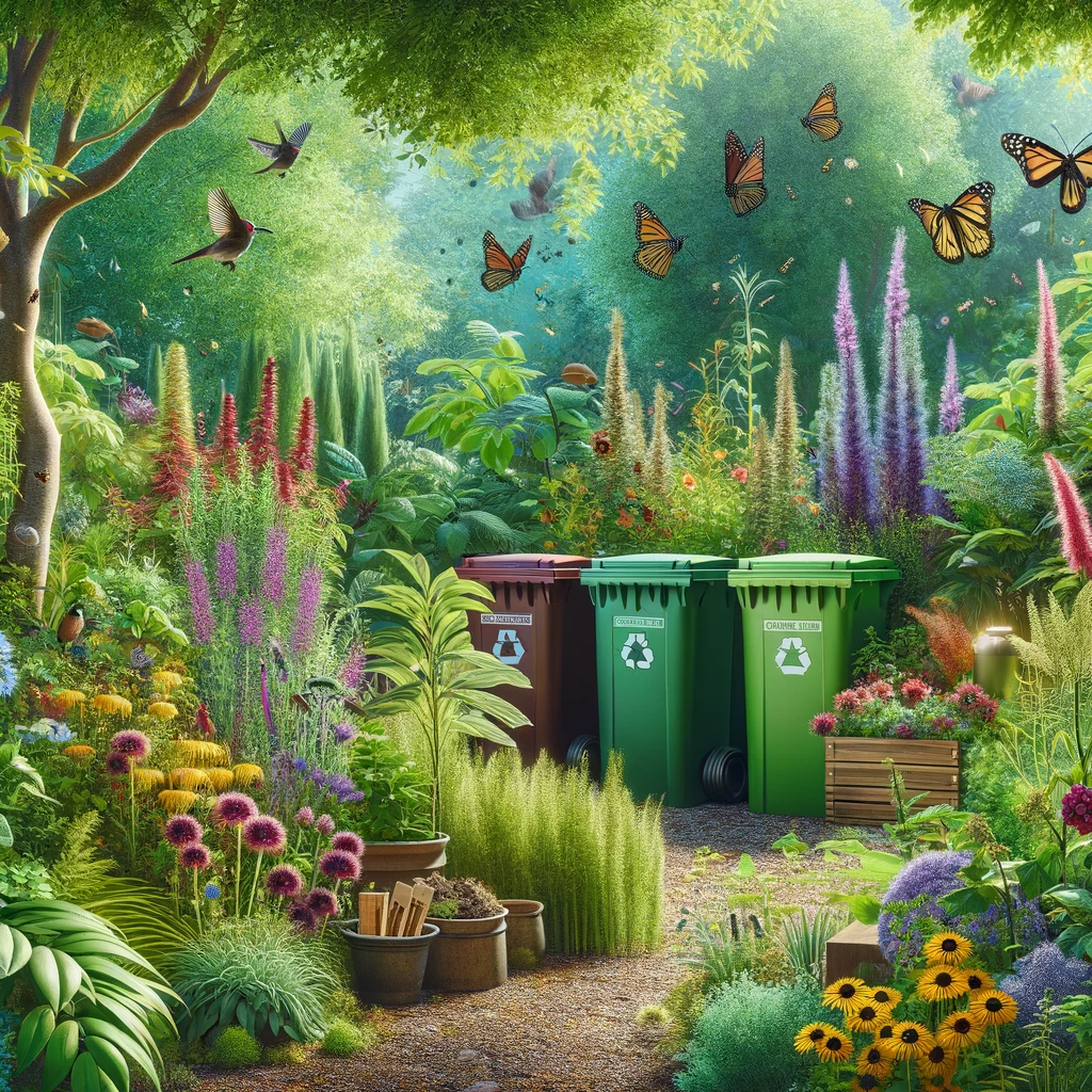 DALL·E 2024-04-24 14.06.23 - A lush, vibrant garden scene filled with native plants, buzzing with activity from birds and pollinators like bees and butterflies. Include a compost