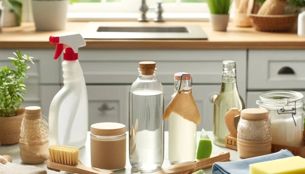 DALL·E 2024-04-24 14.10.26 - A bright, clean kitchen or bathroom scene being cleaned with eco-friendly products. Include natural cleaning agents like vinegar and baking soda, and