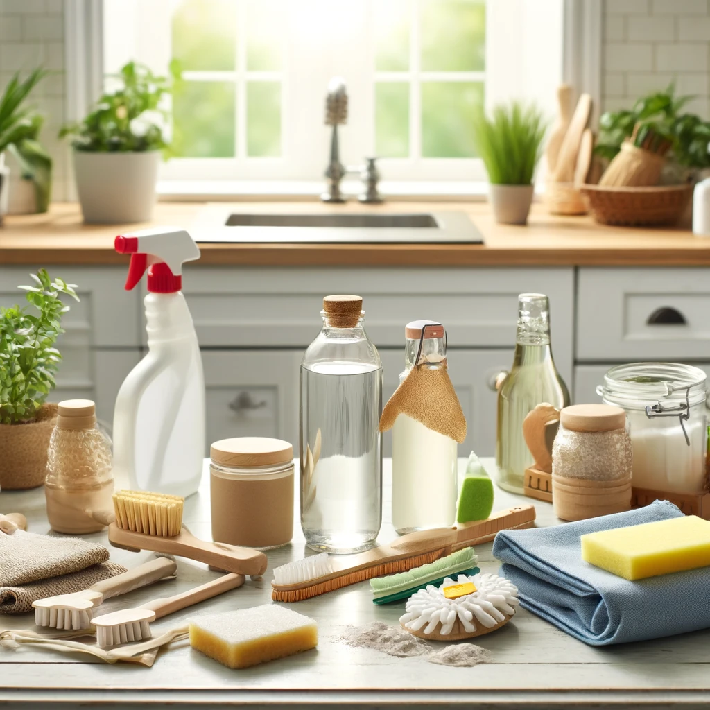 DALL·E 2024-04-24 14.10.26 - A bright, clean kitchen or bathroom scene being cleaned with eco-friendly products. Include natural cleaning agents like vinegar and baking soda, and
