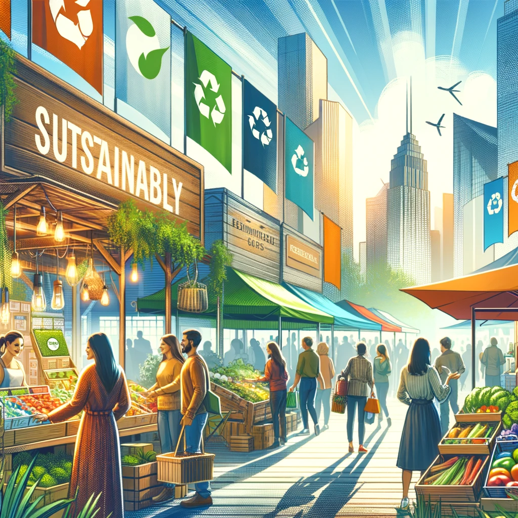 DALL·E 2024-04-24 14.15.43 - A vibrant marketplace or shopping area featuring eco-friendly businesses. Illustrate consumers engaging with products that boast sustainable labels an